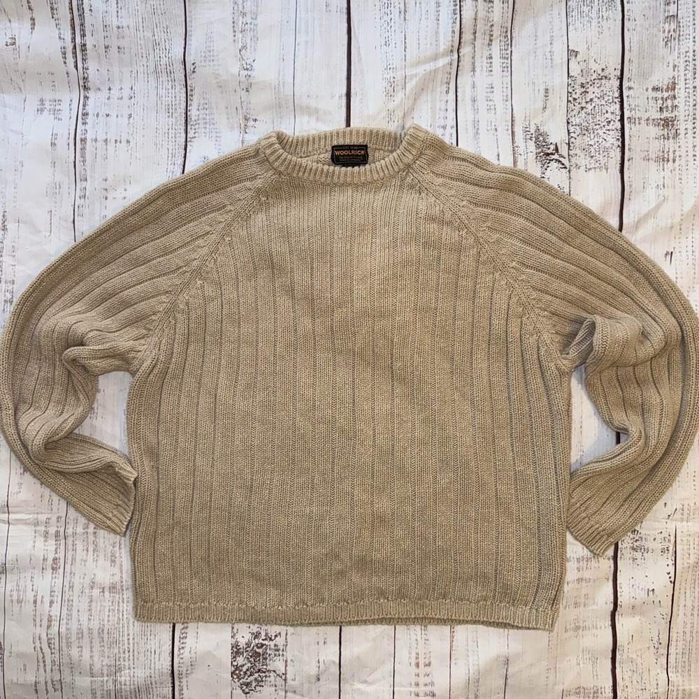 Woolrich Men's Brown Khaki Sweater 100% Cotton Size Large Pullover Crew Neck